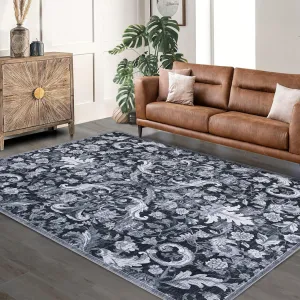 Traditional Area Rug Foldable Indoor Washable Thin Retro Floral Non-Slip Carpet Mat 9'x12' Grey
