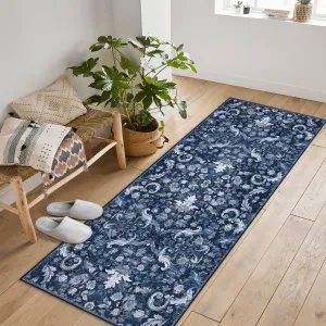 Traditional Area Rug Foldable Indoor Washable Rug Thin Non-Slip Carpet Mat Dark Blue 2'x6'