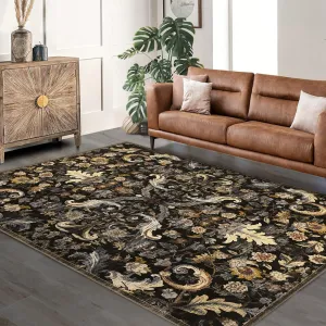 Traditional Area Rug 9'x12' Foldable Indoor Washable Rug Brown Non-Slip Thin Retro Floral Accent Carpet Mat