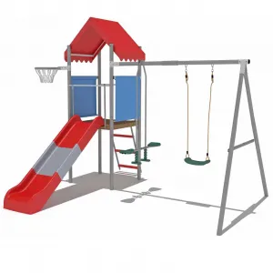 Kids Outdoor Playset with Metal Swing, Slide & Treehouse Platform, Backyard Playground Equipment with Basketball Hoop, Heavy-Duty Outdoor Swing Set for Children