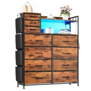 11 Drawers Dresser for Storage Clothes, Tall Storage Closet Organizer with LED Lights & Charging Station, Side Pockets and Hooks, for Bedroom & Living Room, Brown