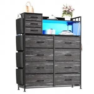 11 Drawers Dresser for Storage Clothes, Tall Storage Closet Organizer with LED Lights & Charging Station, Side Pockets and Hooks, for Bedroom & Living Room, Black