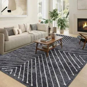 Washable Rug 8x10 Large Striped Accent Non-Slip Stain-Resistant Polyester Foldable Indoor Carpet Dark Gray for Living Room Dining Room