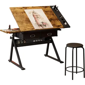 Height-Adjustable Drafting Table with Stool - 0-75° Tilting Drawing Desk with 2 Storage Drawers, Watercolor Art Workstation for Drawing, Painting, Crafting, Writing, and Sketching in Home or Office