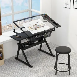 Drafting Table Adjustable Height Tilting Glass Top Steel Frame 2 Drawers Stool Black Home Office Art Craft