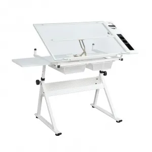 Drafting Table with Stool, Adjustable Height & Tilt, Steel Frame, Glass Top, Storage Drawers, White, for Home Office Art