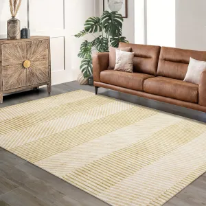 Modern Easy Area Rug Machine Washable Non-Slip Low Pile Stripe Pattern Rug for Living Room Bedroom Entryway (Beige, 5'x7')