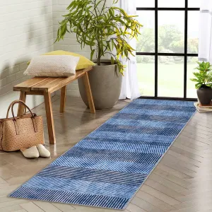 Modern Easy Area Rug Machine Washable Non-Slip Low Pile Stripe Pattern Rug for Living Room Bedroom Entryway, Blue, 2'x 6'