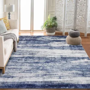 Washable Rug 9x12 Blue Modern Farmhouse Area Rug Foldable Low Pile Soft Abstract Pattern Living Room Rug Non-Slip Stain Resistant