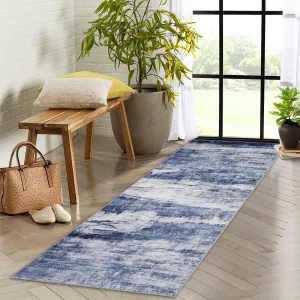 Abstract Area Rug 2x6 Machine Washable Runner Rug with Non Slip Backing, Low Pile, Blue, Modern Farmhouse for Kitchen Bedroom Home