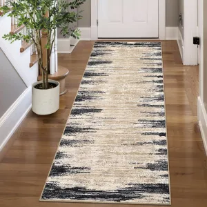 Modern Abstract Runner Rug – Machine Washable, Non-Slip, Low Pile, Mark Resistant, Easy to Clean Carpet for Hallway, Kitchen, Entryway, Bedroom – Brown/Black, 2x6ft