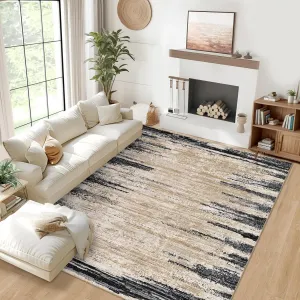 Modern Abstract Area Rug – 6x9ft, Soft Low Pile, Non-Slip, Machine Washable, Mark Resistant Accent Carpet for Living Room, Bedroom, Dining Room, Office, Black