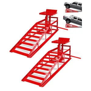 Hydraulic Car Ramps - 5T Capacity, Adjustable Height (9.3"-14"), Steel with Anti-Slip Plate, Ring Chain Bolt for Cars, SUVs, and Light Trucks, Red