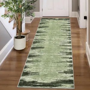Modern Abstract Runner Rug – Machine Washable, Non-Slip, Low Pile, Mark Resistant, Soft Touch, No Shedding Carpet for Hallway, Kitchen, Entryway, Bedroom, Bathroom – Green Tone, 2x6ft