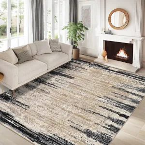 Living Room Rug Brown/Black 10x13 Modern Abstract Washable Large Area Rug with Non-Slip Backing