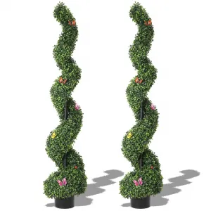 2 PCS 5 FT Artificial Spiral Topiary Trees, UV Resistant Artificial Outdoor Plants with Straw Bag, Front Door Faux Plant, Fake Outdoor Topiary Set of 2 for Home Decor, Porch, Garden