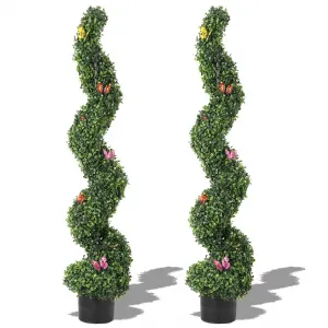 2 PCS 4 FT Artificial Spiral Topiary Trees, UV Resistant Artificial Outdoor Plants with Straw Bag, Front Door Faux Plant, Fake Outdoor Topiary Set of 2 for Home Decor, Porch, Garden