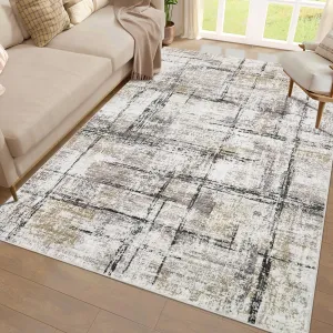 5x7 Machine Washable Rug, Soft Modern Abstract Floor Carpet, Non Slip Non Shedding Low Pile Rug, Farmhouse Neutral Decorative Carpet for Living Room Bedroom, Brown