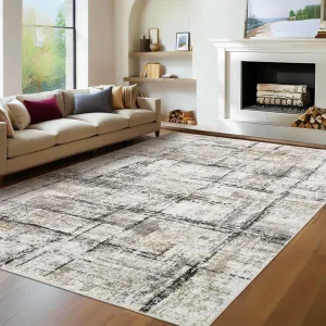 10x13 Modern Abstract Living Room Rug, Washable Non Slip Non Shedding Area Rug, Soft Foldable Low Pile Floor Carpet, Distressed Farmhouse Carpet for Bedroom and Office, Brown