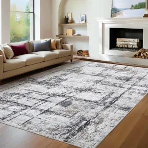 9x12 Living Room Rug, Washable Non Slip Non Shedding Carpet, Soft Low Pile Floor Carpet, Abstract Farmhouse Decorative Area Rug for Bedroom, Grey