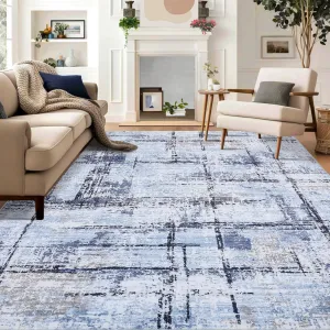 6x9 Modern Abstract Washable Rug, Distressed Soft Non Shedding Carpet, Non Slip Low Pile Area Rug for Living Room Bedroom, Blue