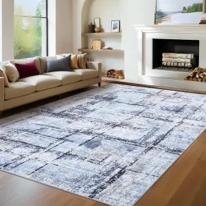 9x12 Living Room Rug, Washable Non Slip Non Shedding Carpet, Soft Low Pile Floor Carpet, Abstract Farmhouse Decorative Area Rug for Bedroom, Blue