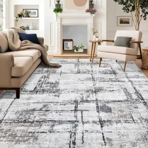 10x13 Modern Abstract Living Room Rug, Washable Non Slip Non Shedding Area Rug, Soft Foldable Low Pile Floor Carpet, Distressed Farmhouse Carpet for Bedroom and Office, Grey