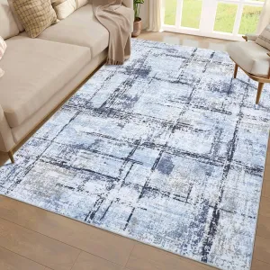 8x10 Large Living Room Rug, Modern Abstract Washable Area Rug, Soft Non Slip Non Shedding Low Pile Carpet for Bedroom and Office, Blue