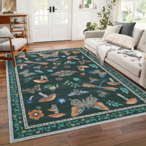 Black 9x12 Washable Living Room Rug Butterfly Floral Print Soft Pearl Velvet Non-Slip TPR Backing Low Pile Polyester Indoor Carpet for Nursery Office