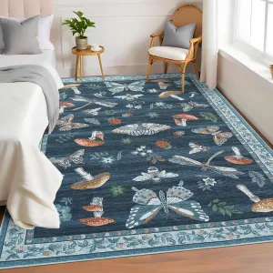 Blue 5x7 Modern Insect Floral Mushroom Print Rug, Washable, Stain Resistant, Soft Low Pile, Non-Slip Backing, Foldable, Indoor Living Room Bedroom Dining