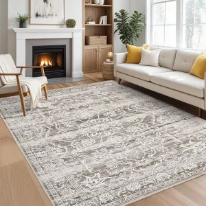 10x13 Area Rugs, Machine Washable Large Neutral Rugs for Living Room Bedroom, Soft Non-Slip Indoor Distressed Boho Vintage Print Lightweight Low Pile Carpet, Beige Brown
