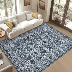 Washable 5x7 Area Rugs, Soft Low Pile Large Rugs for Living Room Indoor Non-Slip Carpet Vintage Distressed Rugs for Bedroom with Non-Slip Backing, Navy Blue, 5x7