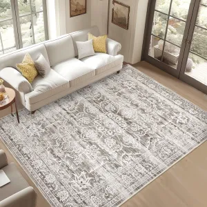 Area Rug 5x7 Washable, Neutral Vintage Rug Traditional Low Pile Large Retro Rug Indoor Distressed Non-Slip Carpet for Living Room Bedroom Dining Room, Beige Brown
