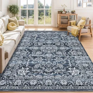 10x13 Washable Area Rug, Soft Low Pile Large Area Rug with Non-Slip Backing, Vintage Distressed Rugs for Living Room Bedroom Dining Room, Navy Blue