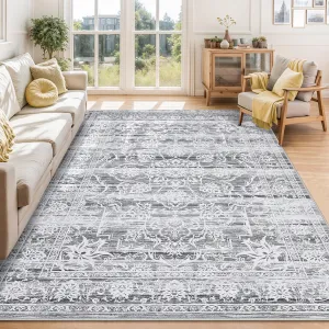 Area Rug 6x9 Washable, Gray Vintage Rug Traditional Low Pile Large Retro Rug Indoor Distressed Non-Slip Carpet for Living Room Bedroom Dining Room, Grey