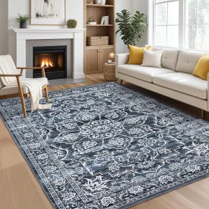 8x10 Living Room Rug Washable, Boho Rug Soft Large Area Rug Non-Slip Non-Shedding Faux Wool Vintage Rug for Living Room Bedroom Dining Room Indoor, Navy Blue