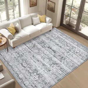 Living Room 10x13 Area Rugs, Washable Low Pile Lightweight Large Area Rug Carpet Vintage Distressed Soft Rugs for Bedroom with Non-Slip Backing Indoor Ultra-Thin Rugs, Grey