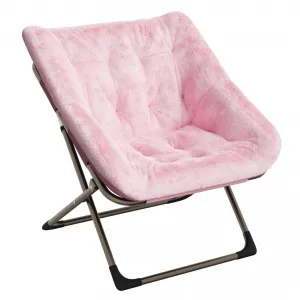 Folding Saucer Chairs for Adults, Comfy Faux Fur Lazy Chair with Metal Frame, 300 LB Capacity, No Assembly Required for Living Room, Bedroom, Dorms, Pink