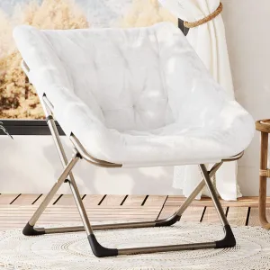 Comfy Collapsible Saucer Chair for Adults, Soft Faux Fur, No Assembly Required, Durable Metal Frame, Stylish Lounge Seating for Bedroom, Dorm, Living Room, White with Gold Legs