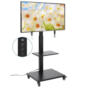 Rolling TV Stand with Power Outlet, Sleek 360° Swivel TV Stand for 32-75" TVs, Height Adjustable Mobile TV Cart with Shelf Holds up to 110lbs for Living Room/Office/School