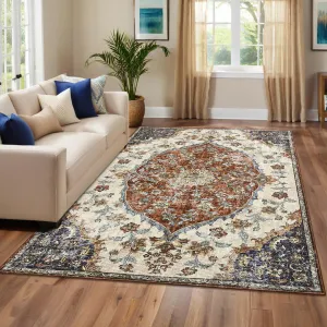 Vintage Bohemian Area Rug 5x7 - Machine Washable, Non-Slip, Soft Floral Design - 100% Polyester with TPR Backing - Low Pile, Durable, Neutral Colors for Living Room