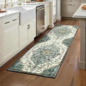 Hallway Runner Rug 2x6 Low Pile Machine Washable Vintage Floral TPR Non-Slip Backing Green Kitchen Bedroom Bathroom