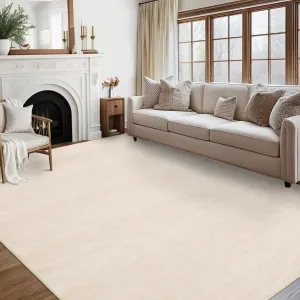Solid Beige 10x13 Area Rug Large Washable Stain Resistant Non Slip Soft Faux Wool Durable Low Pile Polyester Home Living Room Bedroom