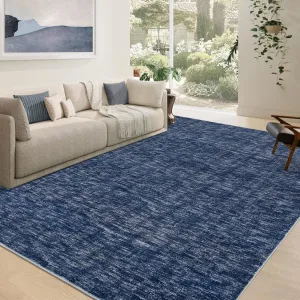 Solid Blue 10x13 Large Living Room Rug Modern Texture Stain Resistant Non Slip Low Pile Soft Folding Washable Carpet for Bedroom Apartment