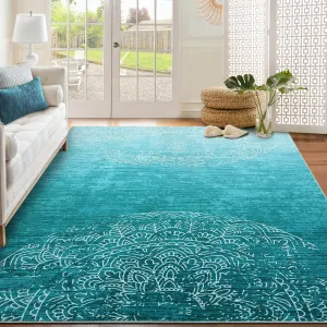Washable Area Rug 10x13 Teal Large Living Room Rug Modern Ombre Carpet Stain-Resistant Non-Slip Soft Dining Room Rug