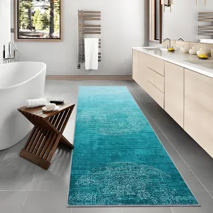 Runner Rug 2x6 Washable Modern Ombre Medallion Kitchen Rug Runner Non-Slip Laundry Room Bathroom Carpet Low Pile Teal