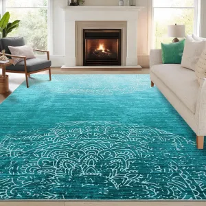 5x7 Washable Living Room Rugs Modern Abstract Area Rug Stain Resistant Semicircular Floral Print Non-Slip Blue/Green