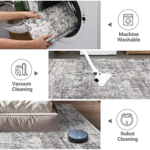 6x9 Area Rugs Machine Washable, Soft Low Pile Large Rugs for Living Room Bedroom Non-Slip, Boho Vintage Distressed Print Indoor Lightweight Thin Carpet Rug, Grey