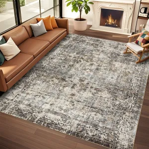 5x7 Washable Area Rug, Boho Vintage Rug Traditional Low Pile Accent Rug Indoor Farmhouse Distressed Non-Slip Carpet for Living Room Bedroom, Blue/Sand