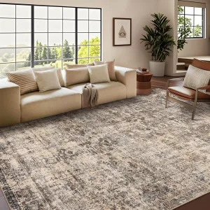 Area Rugs 5x7 Washable, Soft Vintage Large Area Rugs for Living Room, Boho Farmhouse Low Pile Non-Slip Indoor Throw Carpet Rugs for Bedroom Dining Room (Brown, 5'x7')